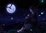  1girl barefoot black_hair braid cape demon&#039;s_souls demon's_souls dragon dress feet female from_software full_moon highres long_hair maiden_in_black moon nature night outdoors plant single_braid sitting sky solo souls_(from_software) staff stairs tatsuya_(pixiv418816) 