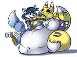  belly blue blue_hair blush canine digimon feeding female food force_feeding fox green_eyes hair inflation krystal lesbian morbidly_obese renamon short_hair star_fox stuffing video_games vixen 