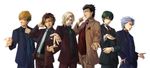  black_hair blonde_hair brown_hair formal fujiyama_arashi glasses green_hair hachina highres konno_tamao male_focus multiple_boys niina_junpei outstretched_hand sakurai_kouichi sakurai_ruka shitara_seiji silver_hair suit tokimeki_memorial tokimeki_memorial_girl's_side_3rd_story 