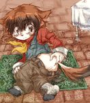  brown_eyes brown_hair butt canine dog female fingering hair half-dressed male masturbation on_side pants_pull pussy solo steward tail unknown_artist white 