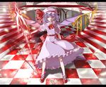  bad_id bad_pixiv_id bat_wings brooch checkered checkered_floor dress frills hat hat_ribbon jewelry lavender_hair letterboxed minatsuki_randoseru railing red_eyes remilia_scarlet ribbon sash shadow short_hair solo spear_the_gungnir stairs touhou wings 