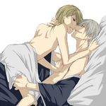  2boys bed blonde_hair blue_eyes grin ichimari_gin ichimaru_gin incipient_kiss kira_izuru multiple_boys short_hair silver_hair smile topless yaoi 