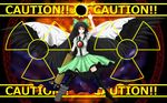  arm_cannon black_hair bow cape caution english hair_bow highres long_hair radiation_symbol red_eyes reiuji_utsuho skirt smile solo third_eye touhou weapon wings 