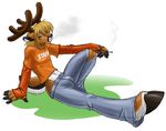  blonde_hair bulge cervine cigarette cute deer gideon hair hooves horns looking_at_viewer male red_eyes ruger sitting smoking solo 