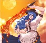  bad_hands blue_hair cloud dress flaming_sword food food_themed_clothes fruit full_moon hat hinanawi_tenshi imo_whitemilk long_hair moon orange_eyes peach solo sword sword_of_hisou touhou very_long_hair weapon 
