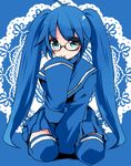 aqua_eyes bespectacled blue_hair blush glasses imaichi_moenai_ko kaisanbutsu kobe_shinbun school_uniform skirt sleeves_past_wrists solo thighhighs twintails zettai_ryouiki 