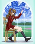  bird black_legwear blazer blue_eyes brown_hair chair cloud eichikei_(hakuto) field forest hair_ribbon hexagram jacket kneehighs loafers mountain nature original ribbon river shoes sitting sky solo twintails window 