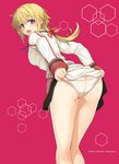  adjusting_clothes adjusting_panties ass blonde_hair charlotte_dunois hareno_chiame highres infinite_stratos jacket long_hair looking_back open_mouth panties ponytail purple_eyes solo track_jacket underwear white_panties 