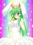  :o =_= ac_japan animal_ears arigato_usagi arigato_usagi_(cosplay) between_breasts blush breast_suppress breasts bunny_ears carrot cleavage cosplay crown dress frog full-face_blush green_hair hair_ornament hair_tubes heaven_condition huge_breasts kochiya_sanae long_hair osashin_(osada) sideboob snake solo star touhou yellow_eyes 