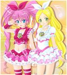  blonde_hair blue_eyes bow choker cure_melody cure_rhythm eyelashes green_eyes hair_ribbon houjou_hibiki long_hair magical_girl minamino_kanade miracle! multiple_girls navel pink_bow pink_choker pink_hair ponytail precure ribbon suite_precure thighhighs twintails v white_choker wrist_cuffs 