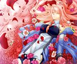 alternate_costume blazblue closed_eyes cosplay flower framed_breasts long_hair lying noel_vermillion noel_vermillion_(cosplay) on_back pink_flower pink_hair pink_rose purin0505 red_flower red_rose rose solo thighhighs torn_clothes tsubaki_yayoi 