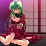  40010prototype areola_slip areolae bare_legs breasts brown_eyes c.c. cleavage code_geass green_hair headphones headphones_around_neck japanese_clothes kimono legs long_hair medium_breasts off_shoulder sitting solo yokozuwari 