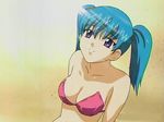  aqua_hair arm arms bare_shoulders beach bikini blue_eyes breasts cleavage female green_hair honjo_mikaze sitting smile solo strapless strapless_bikini strapless_swimsuit stratos_4 sunlight swimsuit tagme twintails wet 