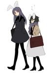  alternate_costume animal_ears black_legwear bunny_ears casual contemporary hands_in_pockets inaba_tewi morisoban multiple_girls pantyhose reisen_udongein_inaba scarf simple_background touhou trembling walking 