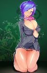  1girl artist_request berggold blue_eyes blue_hair blush breasts censored cleavage flaccid full_body futanari kneeling large_breasts little_penis looking_at_viewer newhalf penis small_penis solo source_request testicles 