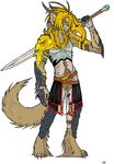  armor canine character_ravenian colored furcadia horns male mmhelm pose roleplay solo standing sword tail weapon wolf 