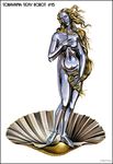  android birth_of_venus blonde_hair covering covering_breasts fine_art_parody long_hair metal parody realistic shell solo sorayama_hajime 