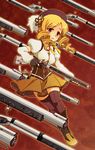  blonde_hair brown_dress buu_(butyu) dress drill_hair fingerless_gloves gate_of_babylon gloves gun hat magical_girl magical_musket mahou_shoujo_madoka_magica red_background rifle short_hair skirt smile solo thighhighs tomoe_mami twin_drills twintails weapon yellow_eyes 