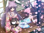  2girls animal_ears brown_hair bunny_ears bunnygirl cherry_blossoms inaba_tewi japanese_clothes kemu kimono long_hair purple_hair red_eyes reisen_udongein_inaba short_hair sleeping touhou 