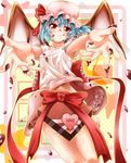  barefoot bat_wings blue_hair censored chocolate colorized convenient_censoring goma_azarasi hat looking_at_viewer red_eyes remilia_scarlet short_hair solo touhou valentine wings 