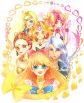  5girls aino_minako amazons_quartet bishoujo_senshi_sailor_moon bishoujo_senshi_sailor_moon_another_story black_moon_clan blonde_hair blue_eyes blush bow brown_eyes calaveras_(sailor_moon) cerecere_(sailor_moon) choker crystal_earrings earrings everyone flower hair_bun happy heart heart_earrings ishtar_(sailor_moon) jewelry kunzite_(sailor_moon) long_hair looking_at_viewer magical_girl mimete_(sailor_moon) multiple_girls one_eye_closed open_mouth orange_choker orange_sailor_collar pink_eyes pink_flower pink_hair pink_rose red_bow ribbon rose sailor_collar sailor_senshi_uniform sailor_venus smile star star_choker super_sailor_venus torao_(torakmn) venus_love_me_chain venus_symbol white_hair witches_5 yellow_bow 