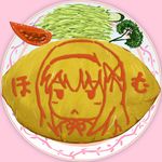 akemi_homura cabbage celery chiyami collaboration cucumber food homu ketchup mahou_shoujo_madoka_magica no_humans omurice plate pun tomato yuuki_akira 