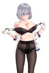  1girl areola_slip areolae black_bra black_legwear black_panties blue_eyes blush bra breasts cleavage commentary crotch_seam gloves hair_ornament hair_over_one_eye hairclip hamakaze_(kantai_collection) highres kantai_collection lace lace-trimmed_bra lace_panties large_breasts leotard off_shoulder open_clothes open_shirt panties panties_under_pantyhose pantyhose short_hair silver_hair simple_background solo strap_pull strapless strapless_leotard underwear w_arms wa_(genryusui) white_background white_gloves 