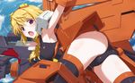  :o armpits arms_up ass blonde_hair blush bodysuit charlotte_dunois flying from_behind highres infinite_stratos kanna_asuke leotard long_hair looking_back mecha_musume open_mouth pilot_suit purple_eyes rafale_revive_custom_ii short_hair solo thighhighs 