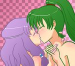  2girls bare_shoulders blush circlet eyes_closed female fire_emblem fire_emblem:_rekka_no_ken fire_emblem_blazing_sword florina florina_(fire_emblem) green_hair hand_holding hug kiss kissing long_hair lyn lyndis_(fire_emblem) multiple_girls nintendo nude pegasus_knight pink ponytail purple_hair saliva yuri 