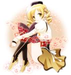  beret blonde_hair boots drill_hair fingerless_gloves gloves hair_ornament hat leg_hug light_smile magical_girl mahou_shoujo_madoka_magica puffy_sleeves sinko sitting sleeves_past_wrists smile solo thighhighs thighs tomoe_mami yellow_eyes 