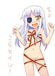  blush cinque_(nanoha) eyepatch lyrical_nanoha mahou_shoujo_lyrical_nanoha_strikers naked_ribbon navel numbers_(nanoha) open_mouth ribbon simple_background solo sweatdrop tears tsukishima_makoto white_hair yellow_eyes 