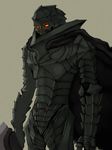  armor berserk berserker_armor black_armor cape dragonslayer_(sword) full_armor gauntlets glowing glowing_eyes guts helmet huge_weapon male_focus skull solo sword weapon 