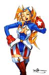  america blonde_hair blue_eyes blue_leotard boxing_gloves breasts cleavage cleavage_cutout drill_hair highres justice_gakuen large_breasts leotard long_hair moero!_justice_gakuen omar_dogan one_eye_closed open_mouth signature smile solo star thighhighs thumbs_up tiffany_lords 