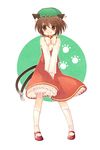  animal_ears bad_id bad_pixiv_id bloomers blush bow brown_eyes brown_hair cat_ears cat_tail chen dress earrings hat highres jewelry momoyama_nozomu multiple_tails short_hair smile solo tail touhou underwear v_arms 