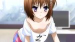  1girl blush bow breasts brown_hair down_blouse downblouse edit hair_bow hair_ornament haruna_(kore_wa_zombie_desu_ka?) kore_wa_zombie_desu_ka? nipples no_bra nude_filter photoshop purple_eyes short_hair small_breasts solo topless violet_eyes 