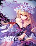  blonde_hair breasts cleavage hat long_hair medium_breasts purple_eyes s-yin solo touhou umbrella yakumo_yukari 