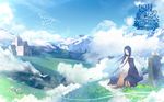  aikura_chihiro april_(type-moon) april_fools bird black_hair detached_sleeves fox highres long_hair mountain red_eyes scenery shigatsu_no_majo_no_heya solo wallpaper 