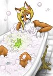  bath bathing bathroom blonde_hair blue_eyes bubbles canine chaotikat cinnamon female fox hair nude rubber_duck smile solo 