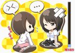  &gt;_&lt; 2girls asou_misaki bad_id bad_pixiv_id blush brown_eyes brown_hair chibi closed_eyes damaged dress fatal_frame fatal_frame_4 gameplay_mechanics health_bar isumi_(i-spixi) multiple_girls pantyhose short_hair skirt tears tsukimori_madoka wavy_mouth 