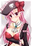  :&lt; ascot bad_id bad_pixiv_id blush bow breast_hold breasts bustier captain_liliana cleavage colored_eyelashes frills hat hat_bow highres jolly_roger large_breasts lingerie long_hair long_sleeves midriff navel pink_hair pirate pirate_hat purple_eyes queen's_blade queen's_blade_rebellion ribbon skull_and_crossed_swords solo uminchu underwear very_long_hair 