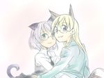  animal_ears bespectacled blonde_hair blue_eyes cat_ears cat_tail ds_(ndsl) eila_ilmatar_juutilainen fox_ears fox_tail glasses green_eyes hug long_hair military military_uniform multiple_girls sanya_v_litvyak short_hair silver_hair smile strike_witches tail uniform world_witches_series 