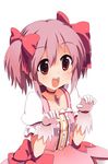  :d bad_aspect_ratio blush bow brooch choker dress gloves hair_bow hair_ribbon jewelry kaname_madoka magical_girl mahou_shoujo_madoka_magica open_mouth paw_pose pink_dress pink_hair red_choker red_eyes ribbon short_hair short_twintails simple_background smile solo sora_to_umi twintails white_gloves 