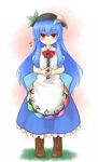  :&lt; blue_hair boots food fruit hat hinanawi_tenshi long_hair nice peach red_eyes solo standing sweat touhou 