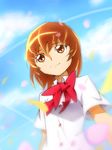  bow brown_eyes brown_hair cherry_blossoms chikuyama heartcatch_precure! myoudou_gakuen_middle_school_uniform myoudouin_itsuki precure school_uniform short_hair smile solo 