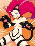  alternate_color animal_ears bad_id bad_pixiv_id bare_shoulders big_hair blue_eyes breasts cat_ears cat_paws cat_tail choker fangs felicia looking_at_viewer medium_breasts navel open_mouth paws red_hair solo tail ultra00 vampire_(game) 