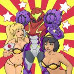  3girls absurdres bikini black_hair blonde_hair breasts cleavage derivative_work gravity_suit guilhermerm hand_fan helmet highres large_breasts looking_at_viewer manga_panel_redraw metroid metroid_dread multiple_girls ponytail power_suit samus_aran smile swimsuit tiara v yuri 