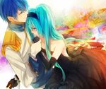  1girl aqua_eyes aqua_hair bare_shoulders blue_eyes blue_hair cendrillon_(vocaloid) dress elbow_gloves formal gloves hairband hatsune_miku hiyoyogi holding_hands kaito long_hair strapless strapless_dress vocaloid weapon 