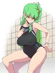  1girl adjusting_clothes adjusting_swimsuit bathroom black_swimsuit blush bracelet breasts female frog frog_hair_ornament green_hair hair_ornament hair_tubes huge_breasts indoors jewelry kochiya_sanae large_breasts long_hair ogata_mamimi one-piece_swimsuit parted_lips side_ponytail sitting snake snake_hair_ornament solo sweatdrop swimsuit thighs tiles touhou yellow_eyes 