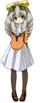  absurdres black_legwear bow brown_hair collar dress drill_hair full_body goggles goggles_on_head green_eyes highres kosumo light_brown_hair loafers long_hair maria_balthasar pantyhose ribbon shoes sidelocks simple_background smile solo xenogears yellow_bow 