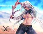  cleavage no_bra open_shirt red_eyes rezi signed underboob weapon 